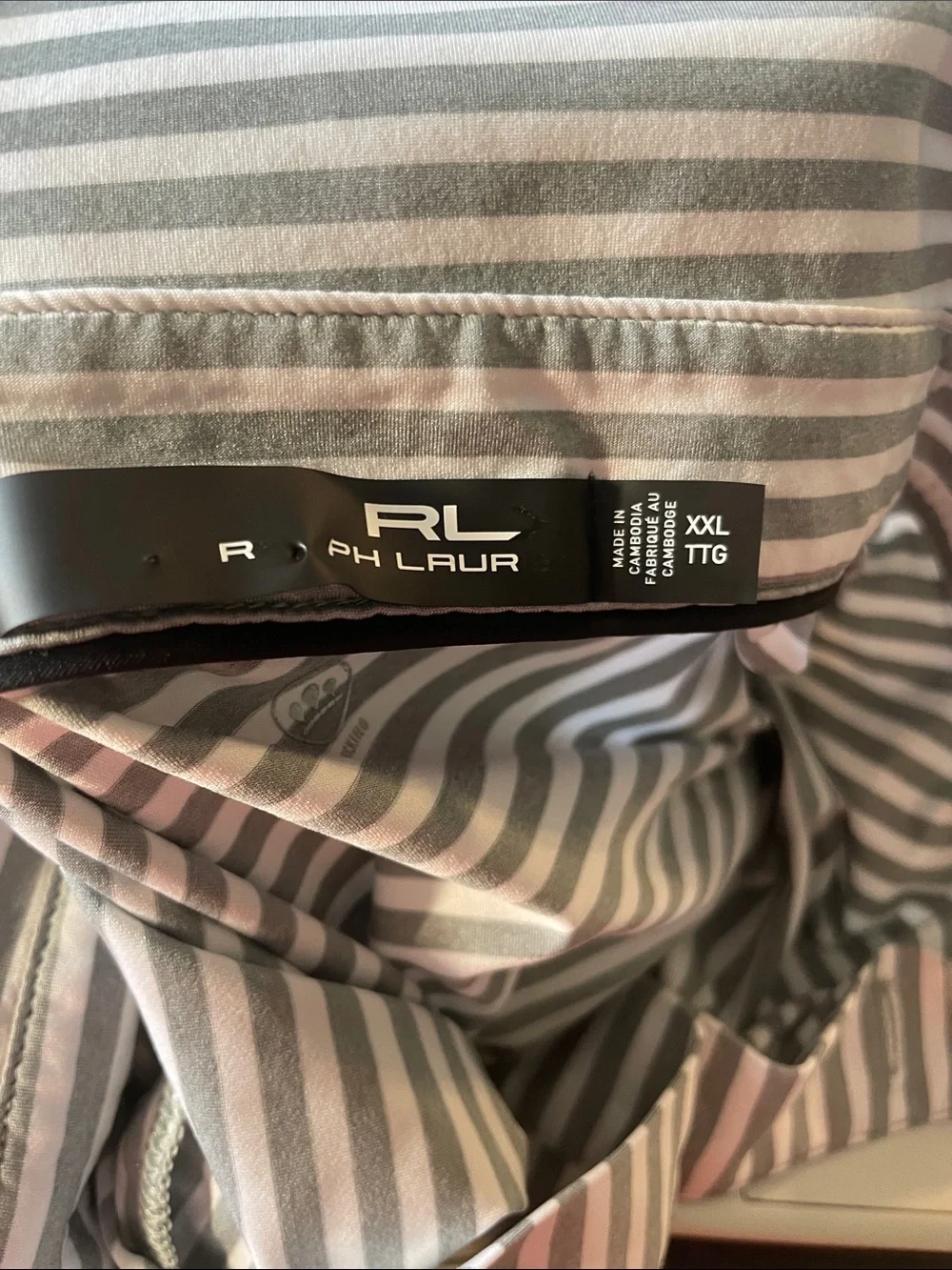 RLX Ralph Lauren Men’s Short Sleeve Grey/White Striped Wicking Golf Polo. XXL